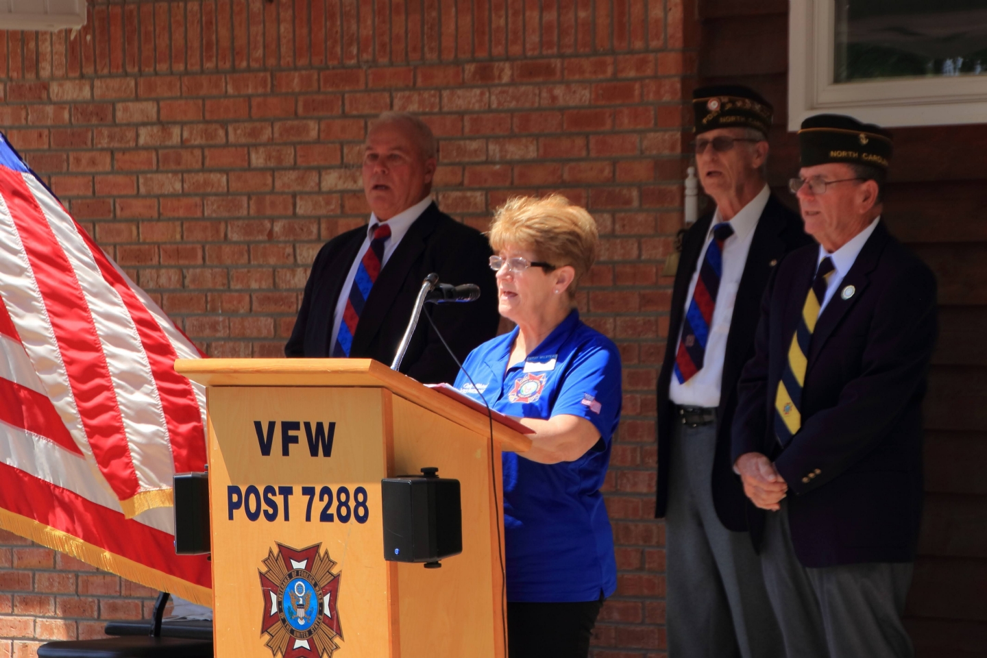 Calabash VFW Post 7288 Auxiliary member Kathy Milstead speaking on Memorial Day.
